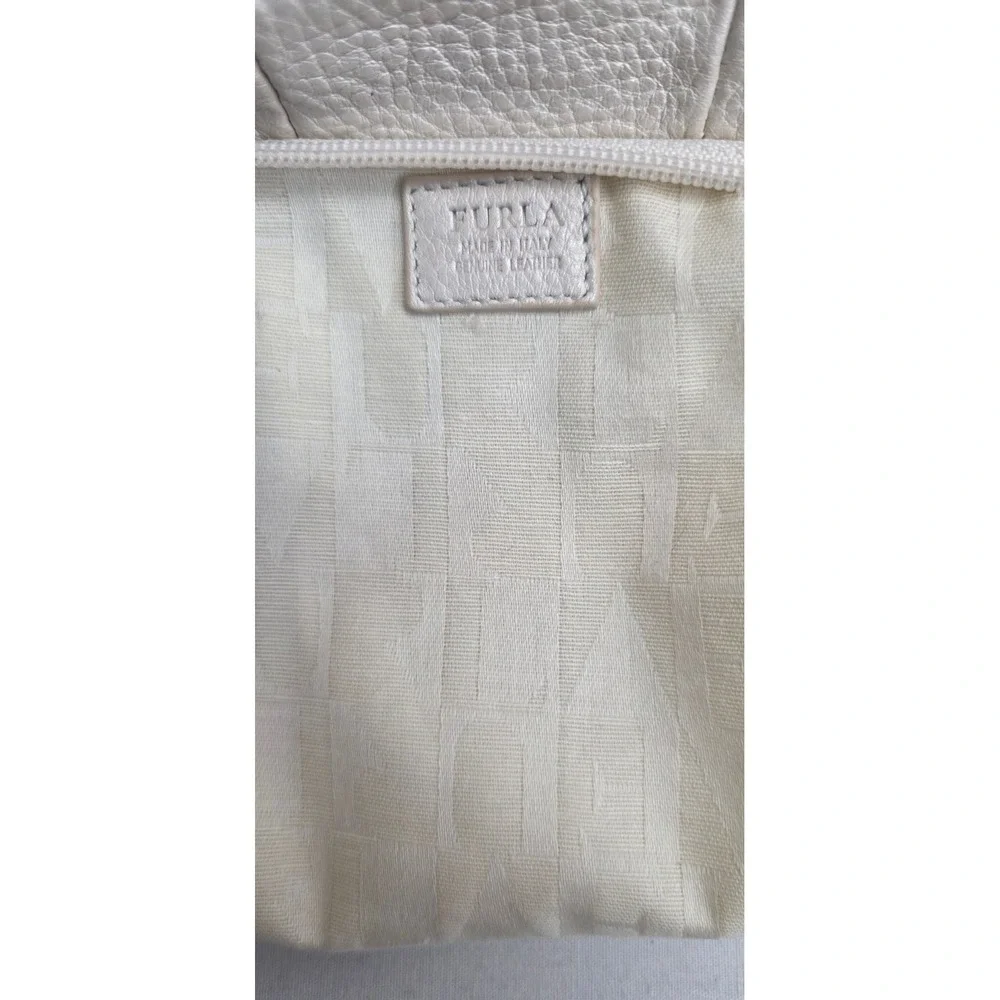Furla Metallic Cream Pebbled Leather Pearl White Zip Top Clutch Bag